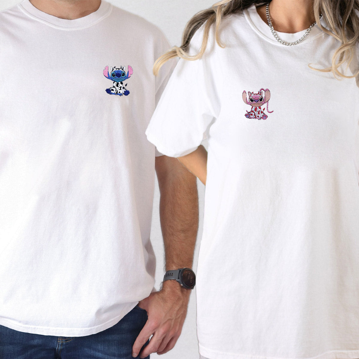 Adorable Cartoon Alien Duo in Cow Outfit Embroidered Couple T-shirts