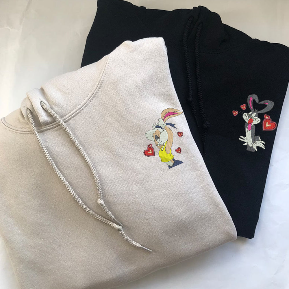 Custom Embroidered Hoodies For Couples, Cute Bunny Valentine Couples Embroidered Hoodie