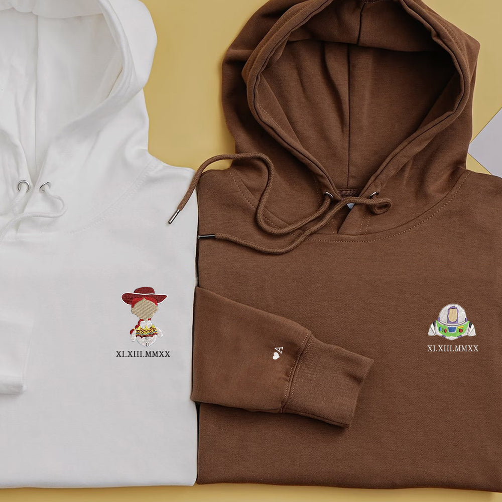 Custom Embroidered Roman Numeral Hoodies For Couples, Roman Numeral Date Hoodie, Funny Cartoon Toys Couples Embroidered Hoodie