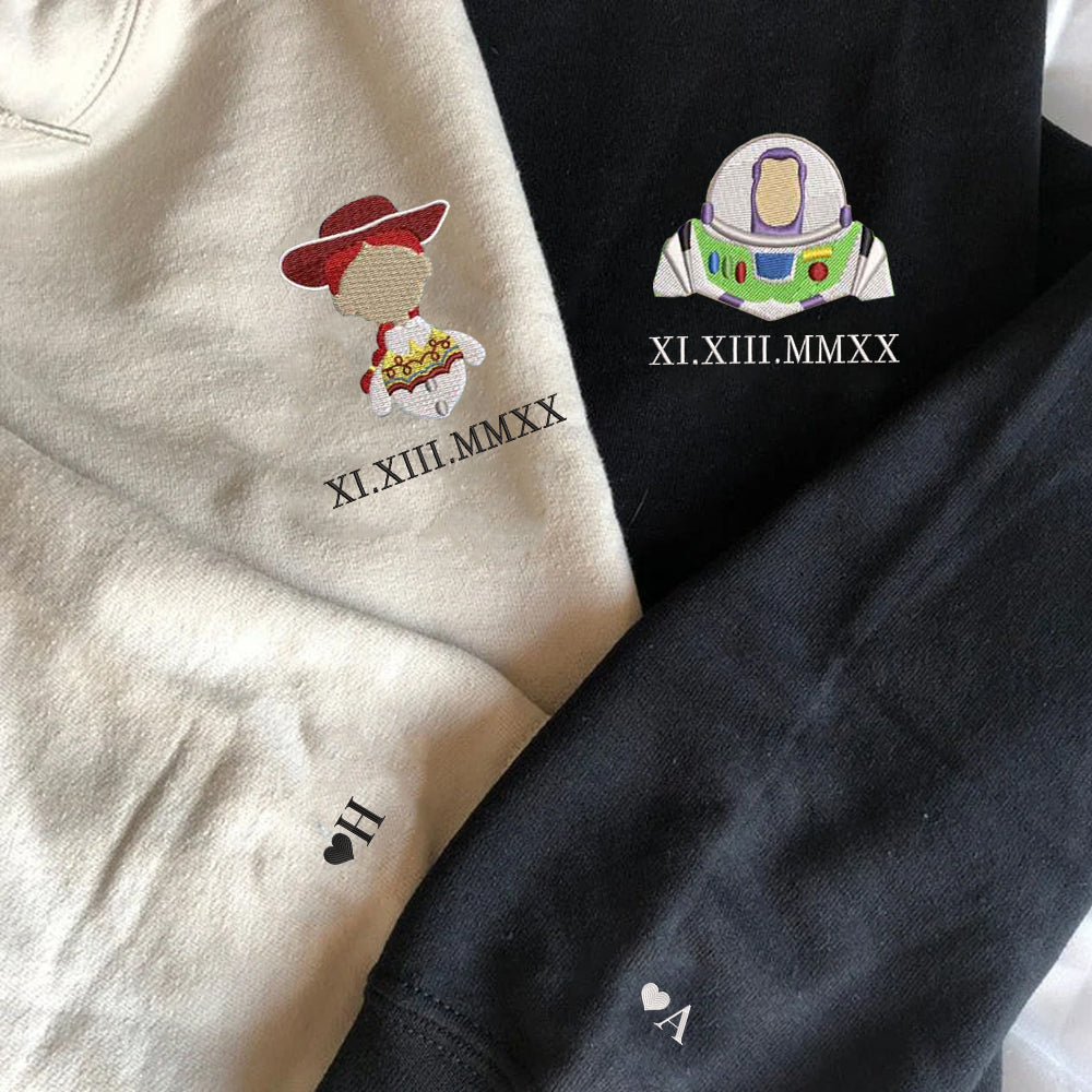 Custom Embroidered Roman Numeral Hoodies For Couples, Roman Numeral Date Hoodie, Funny Cartoon Toys Couples Embroidered Hoodie