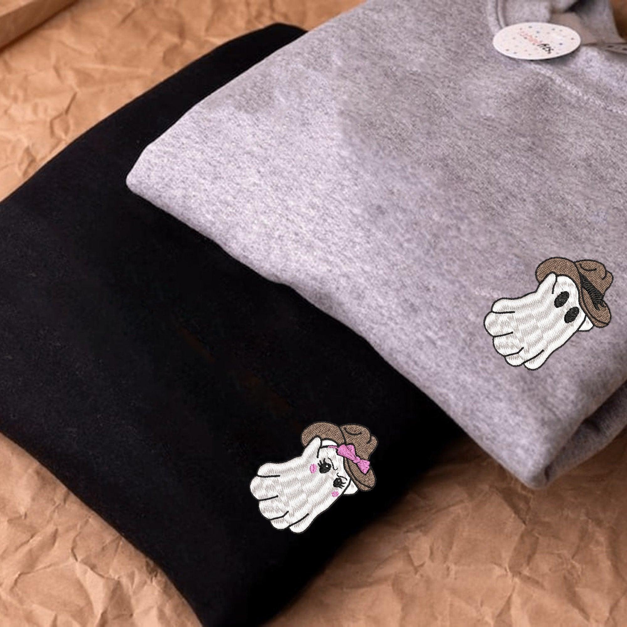 Custom Embroidered Halloween Sweatshirts For Couples, Halloween Couples Cowboy Ghost Embroidered Sweatshirt, Ghost Spooky Season Sweater