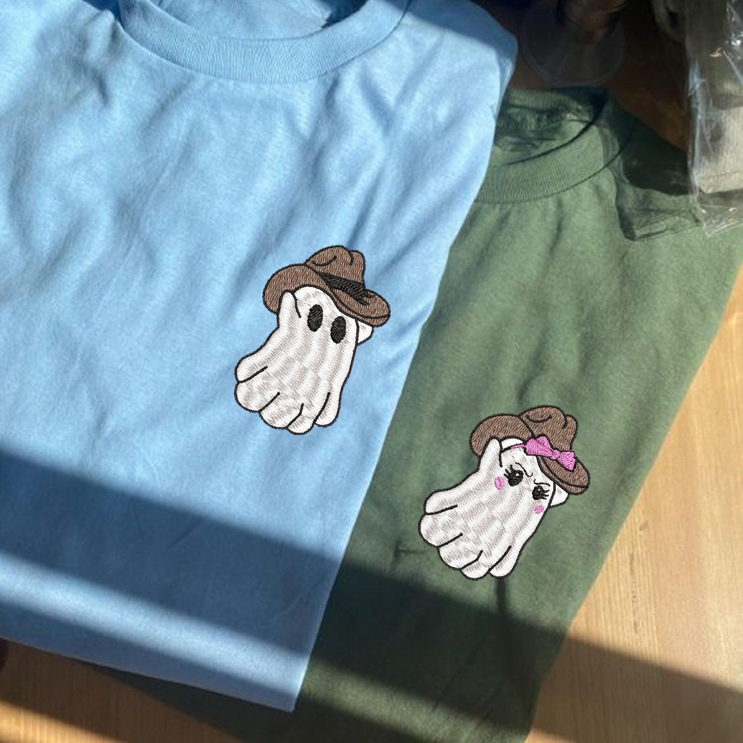 Custom Embroidered Halloween Hoodies For Couples, Halloween Couples Cowboy Ghost Embroidered Hoodie, Ghost Spooky Season Hoodie