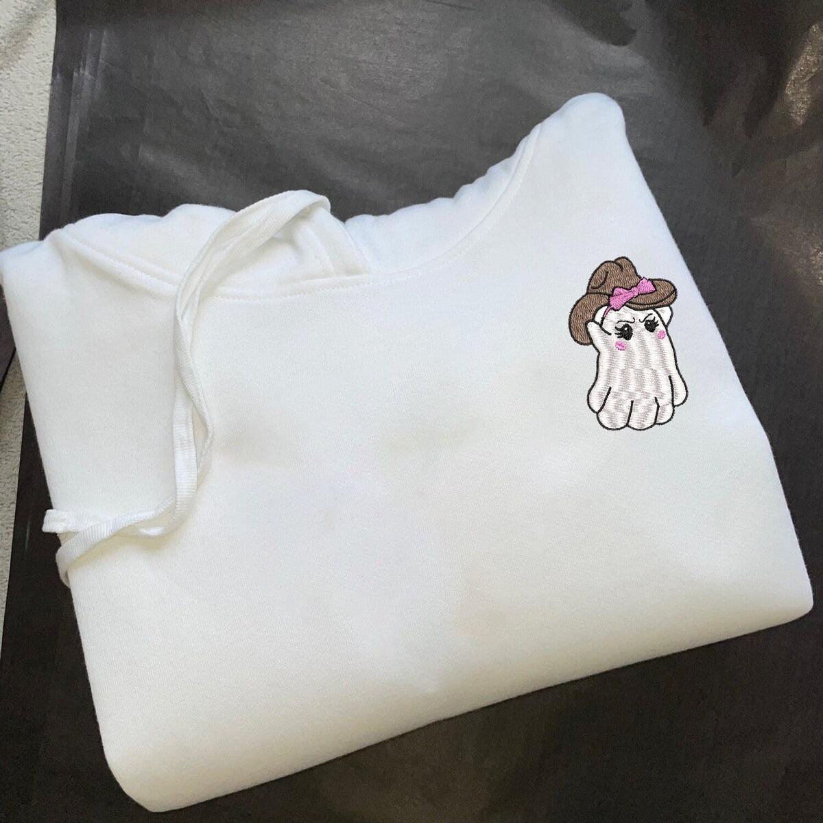 Custom Embroidered Halloween Sweatshirts For Couples, Halloween Couples Cowboy Ghost Embroidered Sweatshirt, Ghost Spooky Season Sweater