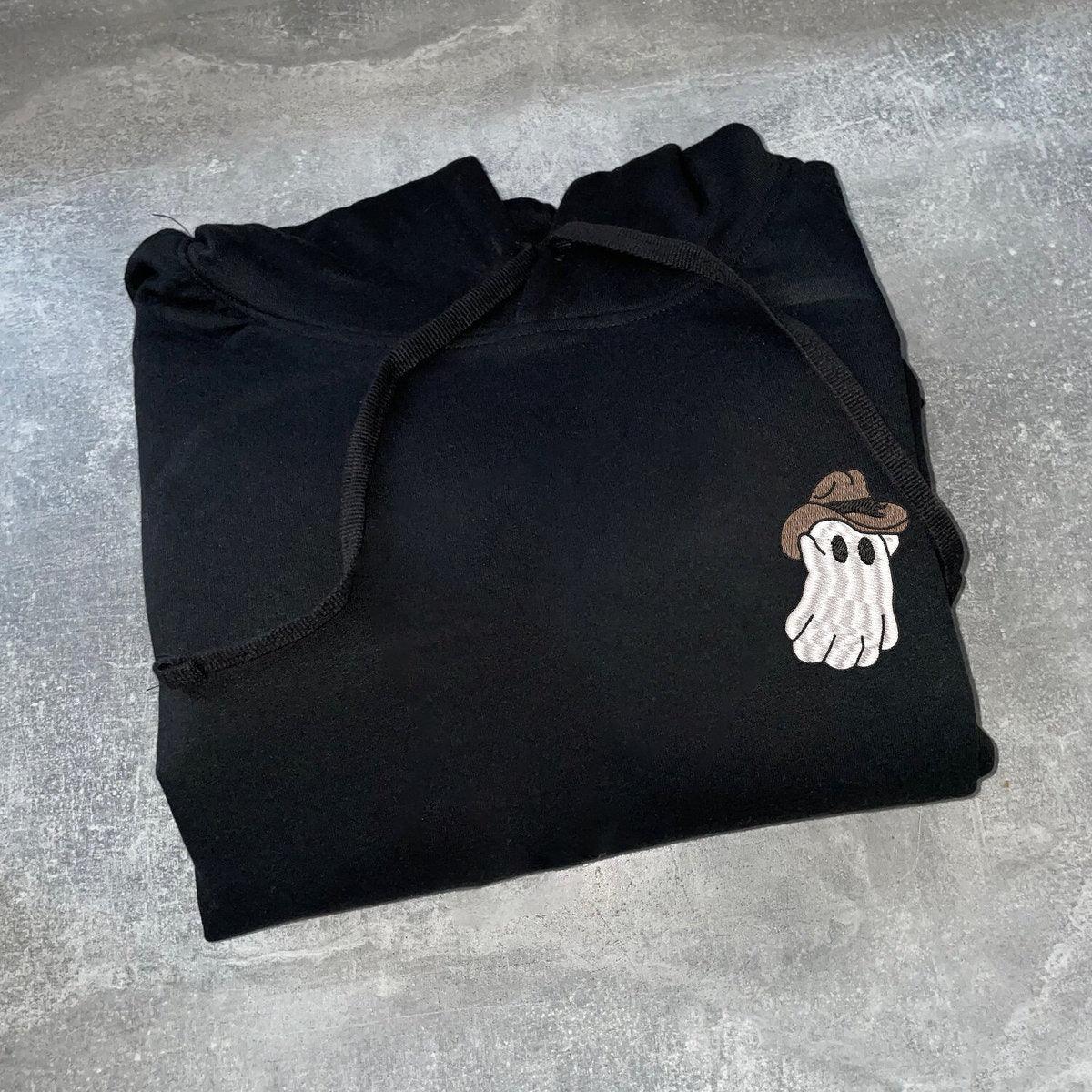 Custom Embroidered Halloween Sweatshirts For Couples, Halloween Couples Cowboy Ghost Embroidered Sweatshirt, Ghost Spooky Season Sweater