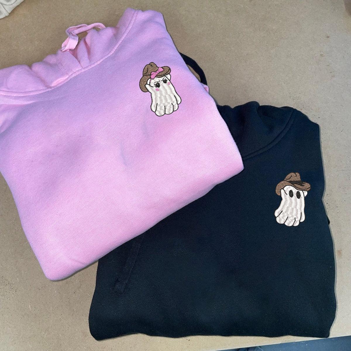 Custom Embroidered Halloween Hoodies For Couples, Halloween Couples Cowboy Ghost Embroidered Hoodie, Ghost Spooky Season Hoodie