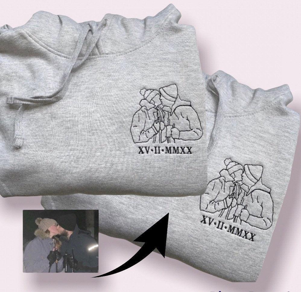 Custom Embroidered Sweatshirts For Couples, Custom Embroidered Outline Portrait From Photo Matching Couples Sweatshirt, Outline Photo Sweater