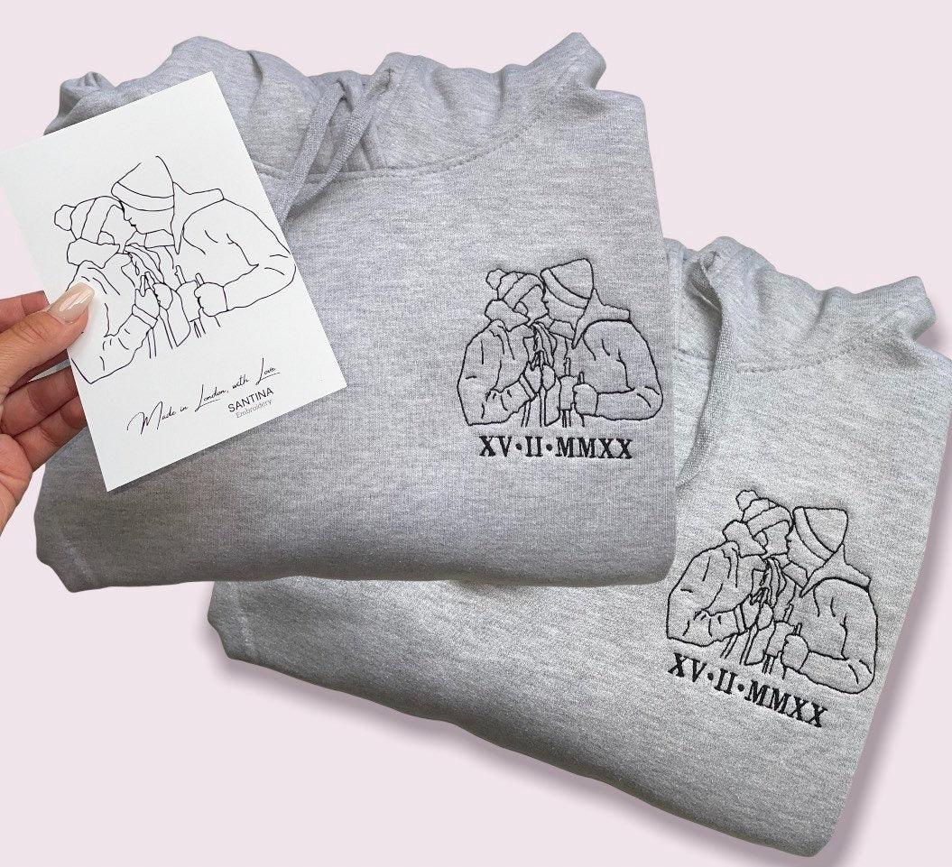 Custom Embroidered Sweatshirts For Couples, Custom Embroidered Outline Portrait From Photo Matching Couples Sweatshirt, Outline Photo Sweater