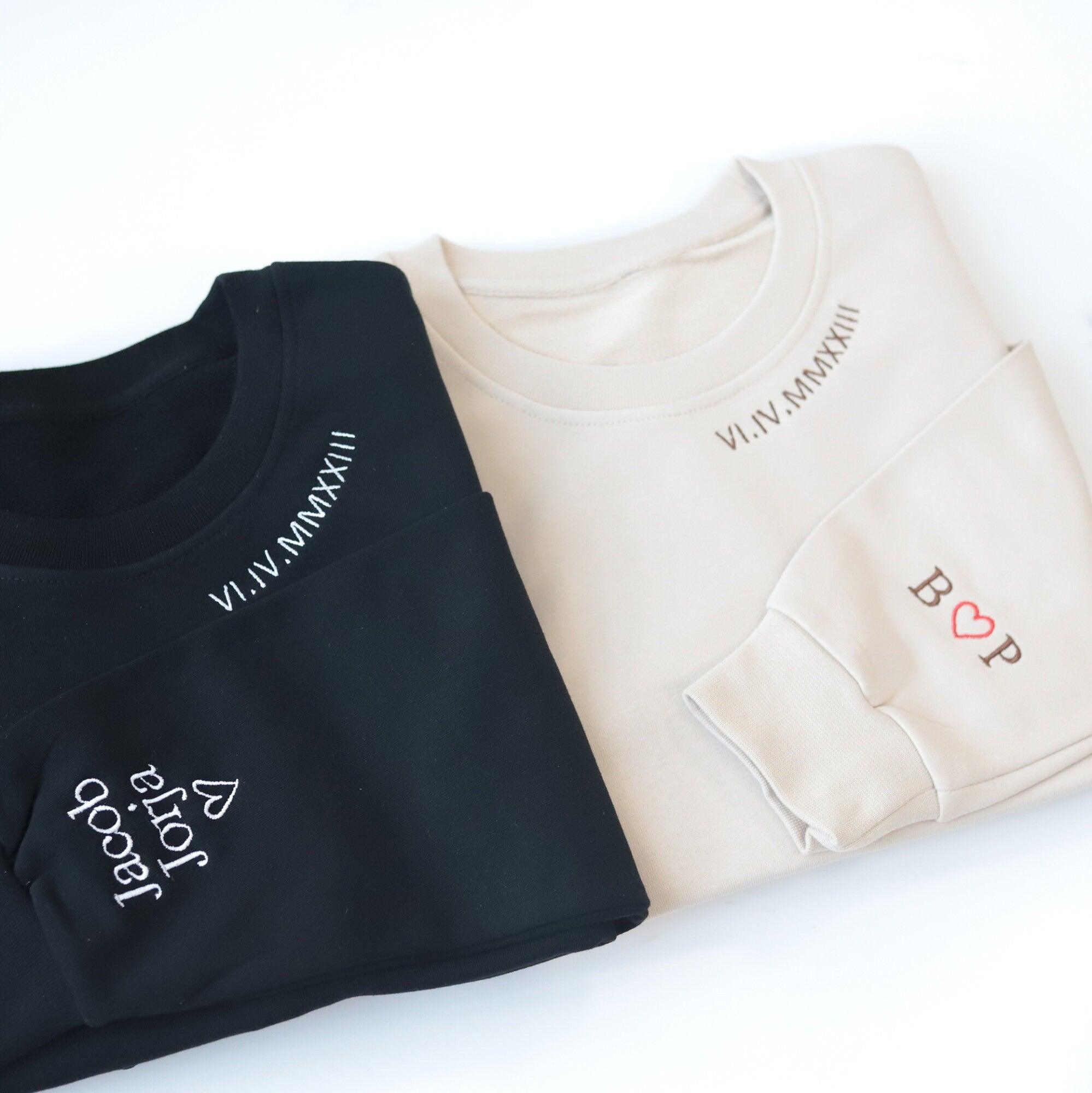 Custom Embroidered Sweatshirts For Couples, Custom Embroidered Roman Numeral Sweatshirt Date on Neckline Matching Couples Sweater