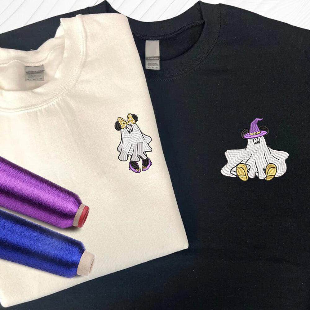 Custom Embroidered Halloween Sweatshirts For Couples, Custom Matching Couple Sweatshirt, Cartoon Ghost Mouse Couples Embroidered Sweater V2