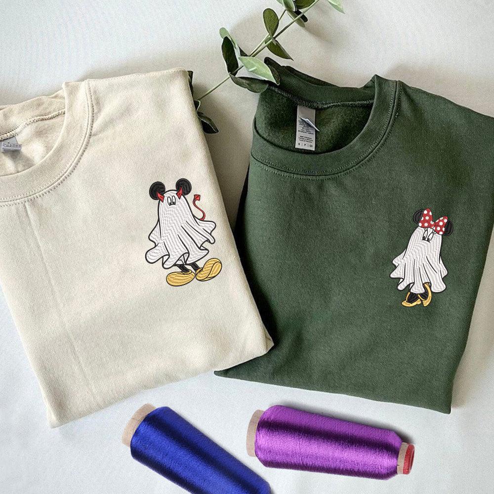 Custom Embroidered Halloween Sweatshirts For Couples, Custom Matching Couple Sweatshirt, Cartoon Ghost Mouse Couples Embroidered Sweater V3