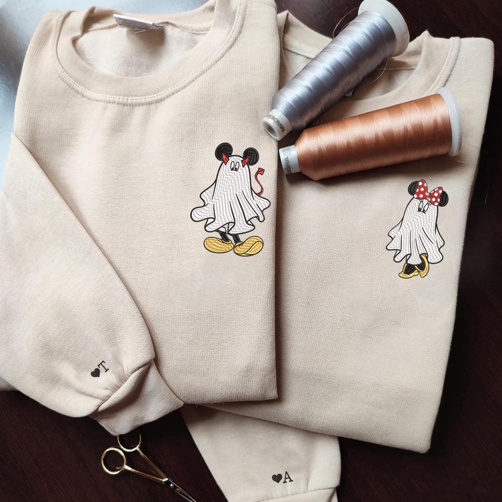 Custom Embroidered Halloween Sweatshirts For Couples, Custom Matching Couple Sweatshirt, Cartoon Ghost Mouse Couples Embroidered Sweater V3