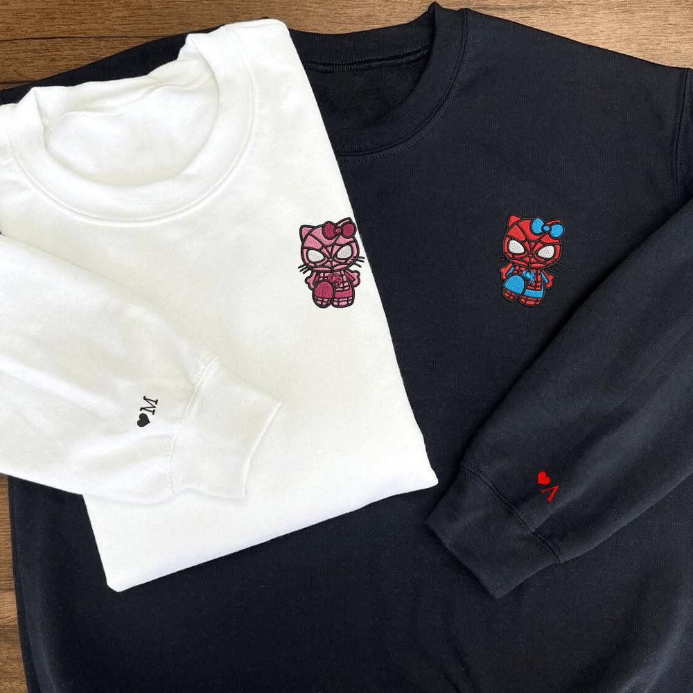 Custom Embroidered Sweatshirts For Couples, Custom Matching Couple Sweatshirt, Cartoon Spider x Kitten Couples Embroidered Sweater