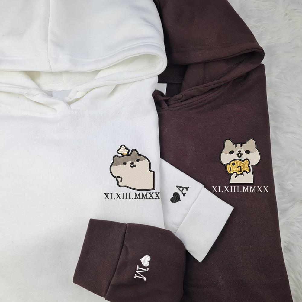 Custom Embroidered Hoodie | Matching Couple Sweatshirts | Roman Numerals & Cute Cat Design