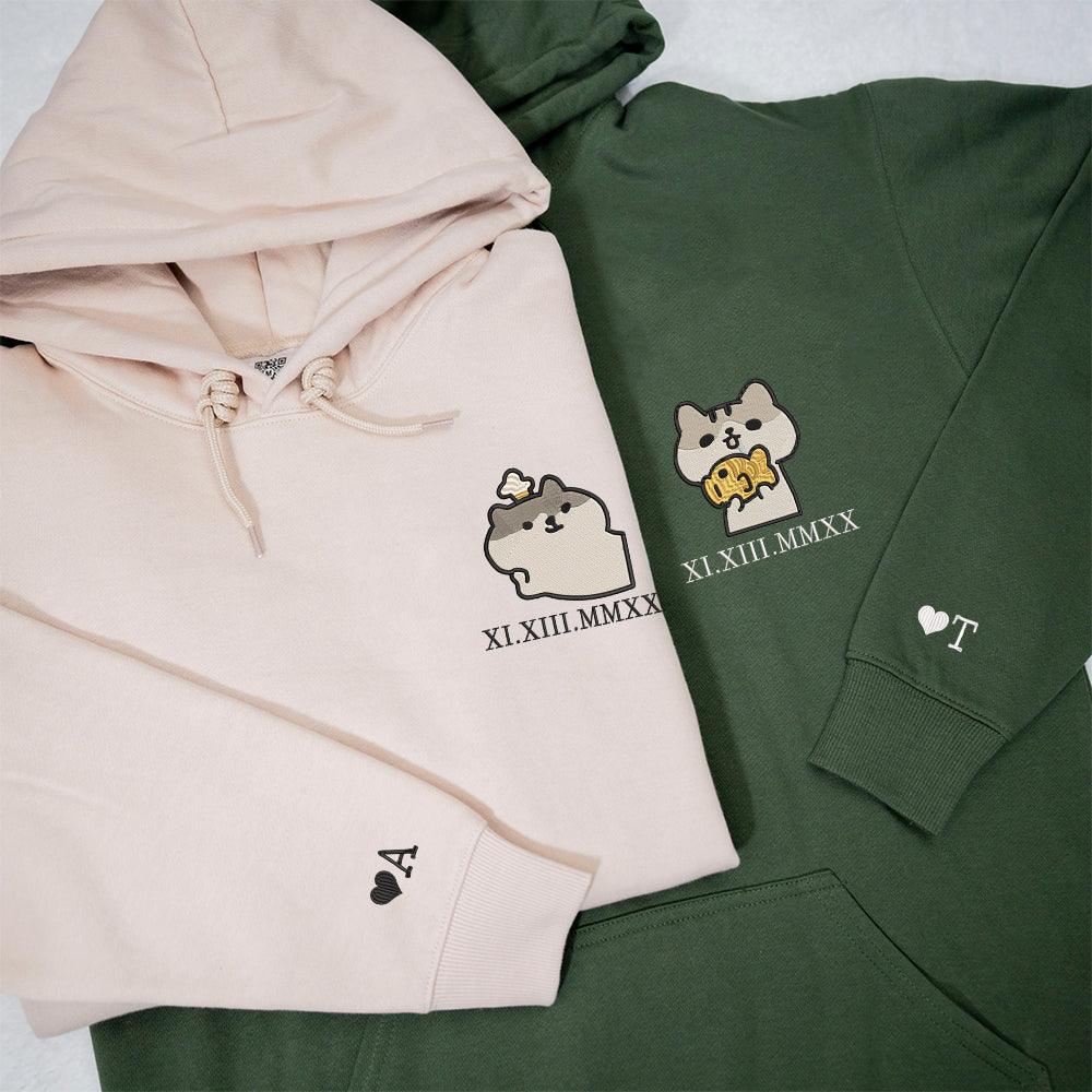 Custom Embroidered Hoodie | Matching Couple Sweatshirts | Roman Numerals &amp; Cute Cat Design