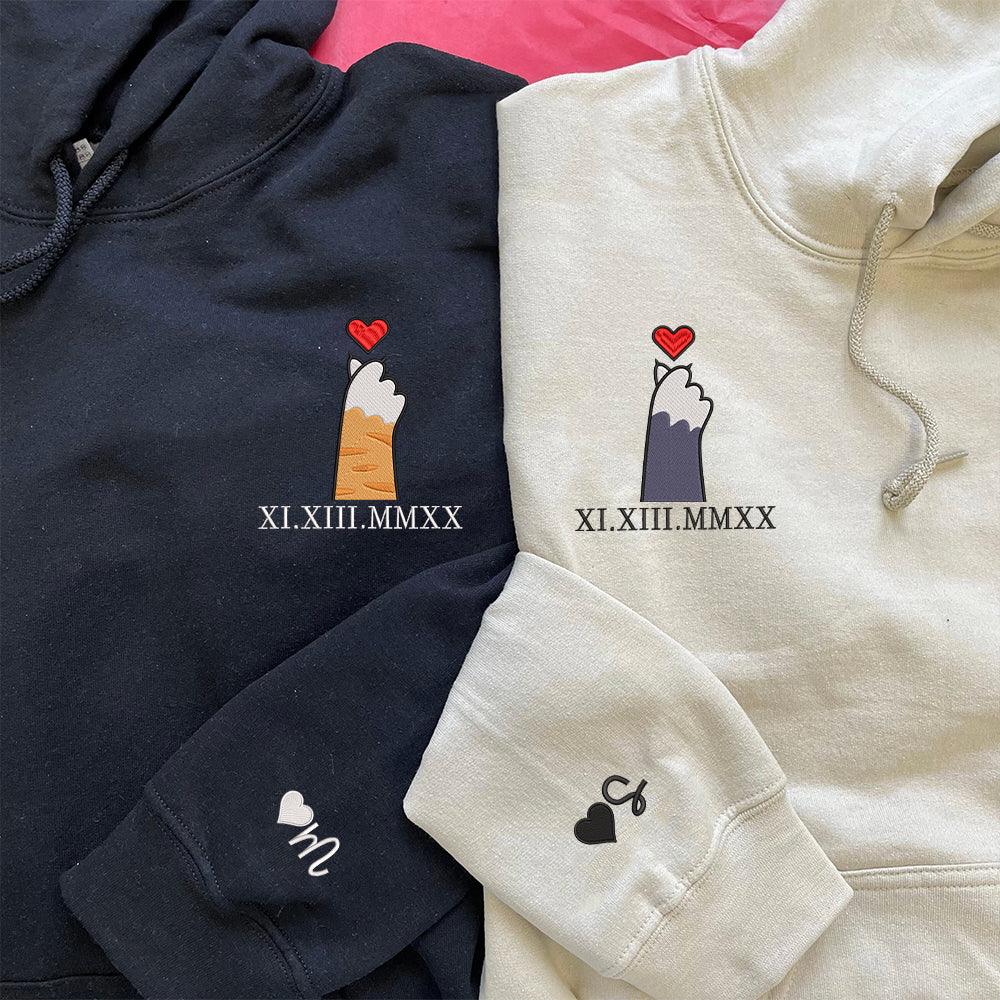 Custom Embroidered Hoodie | Matching Couple Sweatshirts | Cat Paw &amp; Heart Design