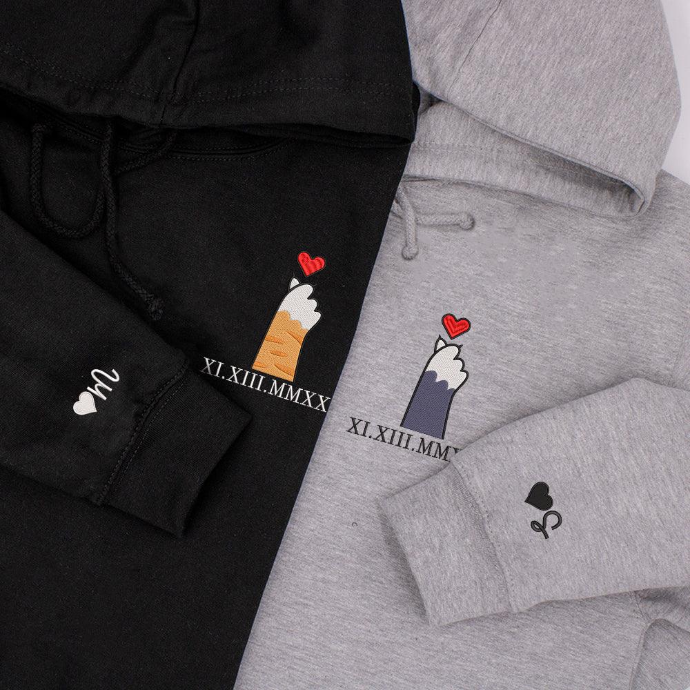 Custom Embroidered Hoodie | Matching Couple Sweatshirts | Cat Paw &amp; Heart Design