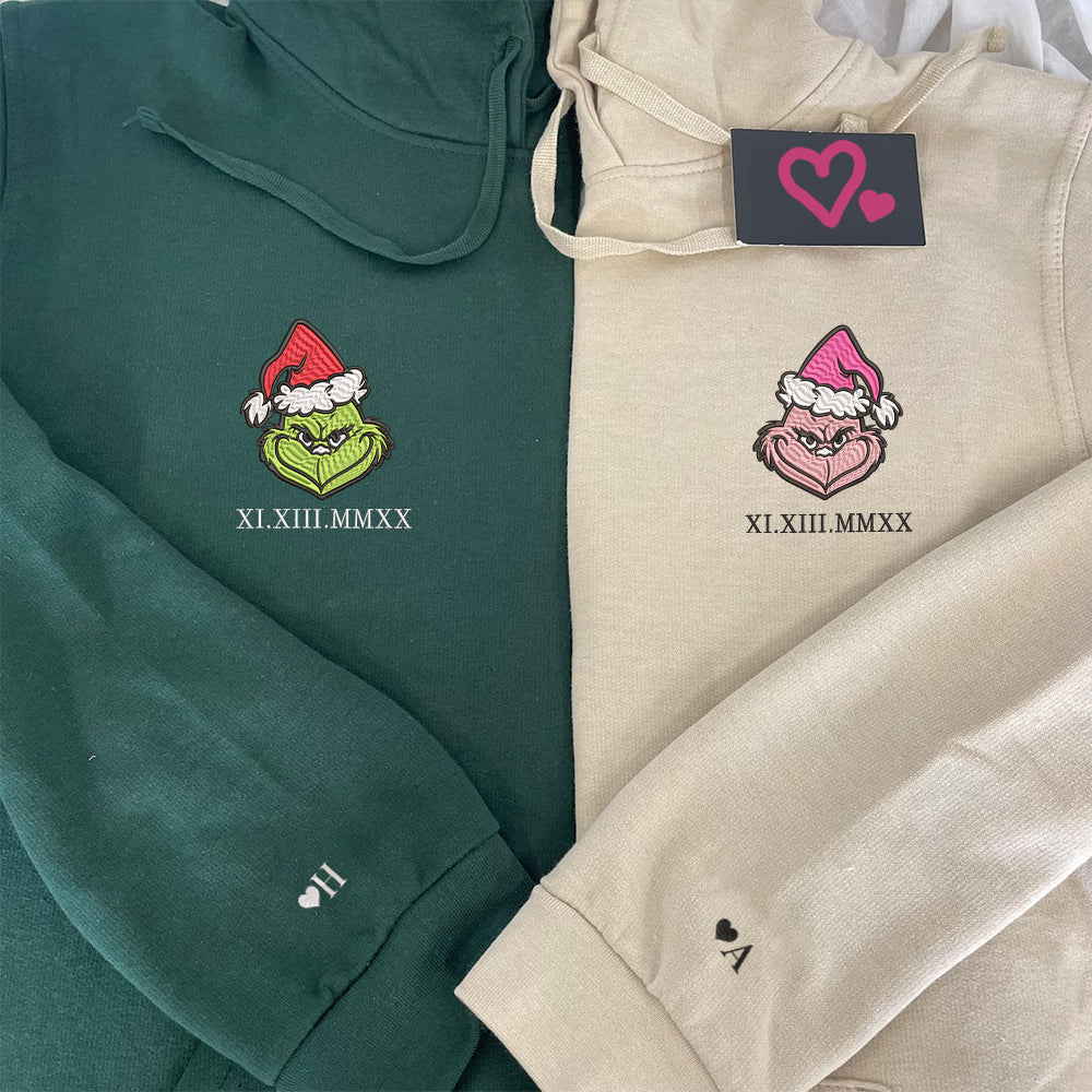 Custom Embroidered Roman Numeral Hoodies For Couples, Roman Numeral Date Hoodie, Christmas Green Couples Embroidered Hoodie