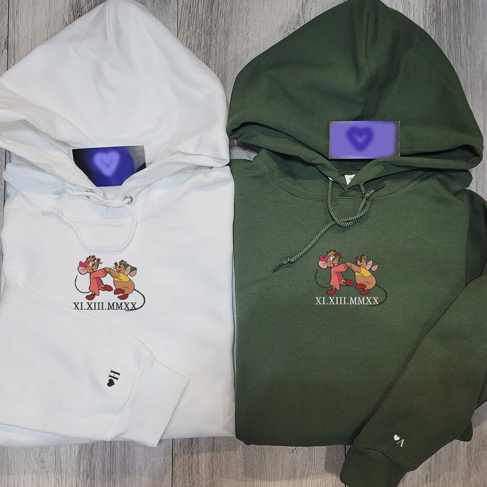 Custom Embroidered Roman Numeral Hoodies For Couples, Roman Numeral Date Hoodie, Cute Mouse Couples Embroidered Hoodie