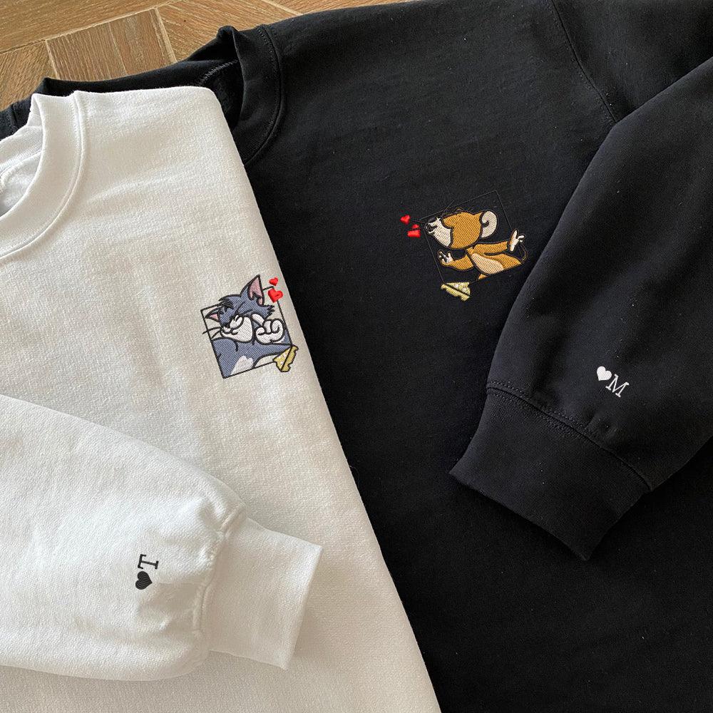 Custom Embroidered Sweatshirts For Couples, Custom Matching Couple Sweatshirt, Cute Mouse Couples Embroidered Crewneck Sweater V1