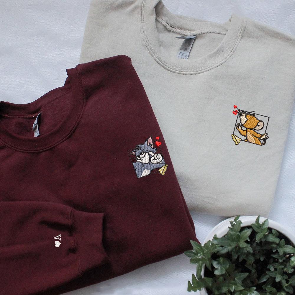 Custom Embroidered Sweatshirts For Couples, Custom Matching Couple Sweatshirt, Cute Mouse Couples Embroidered Crewneck Sweater V1