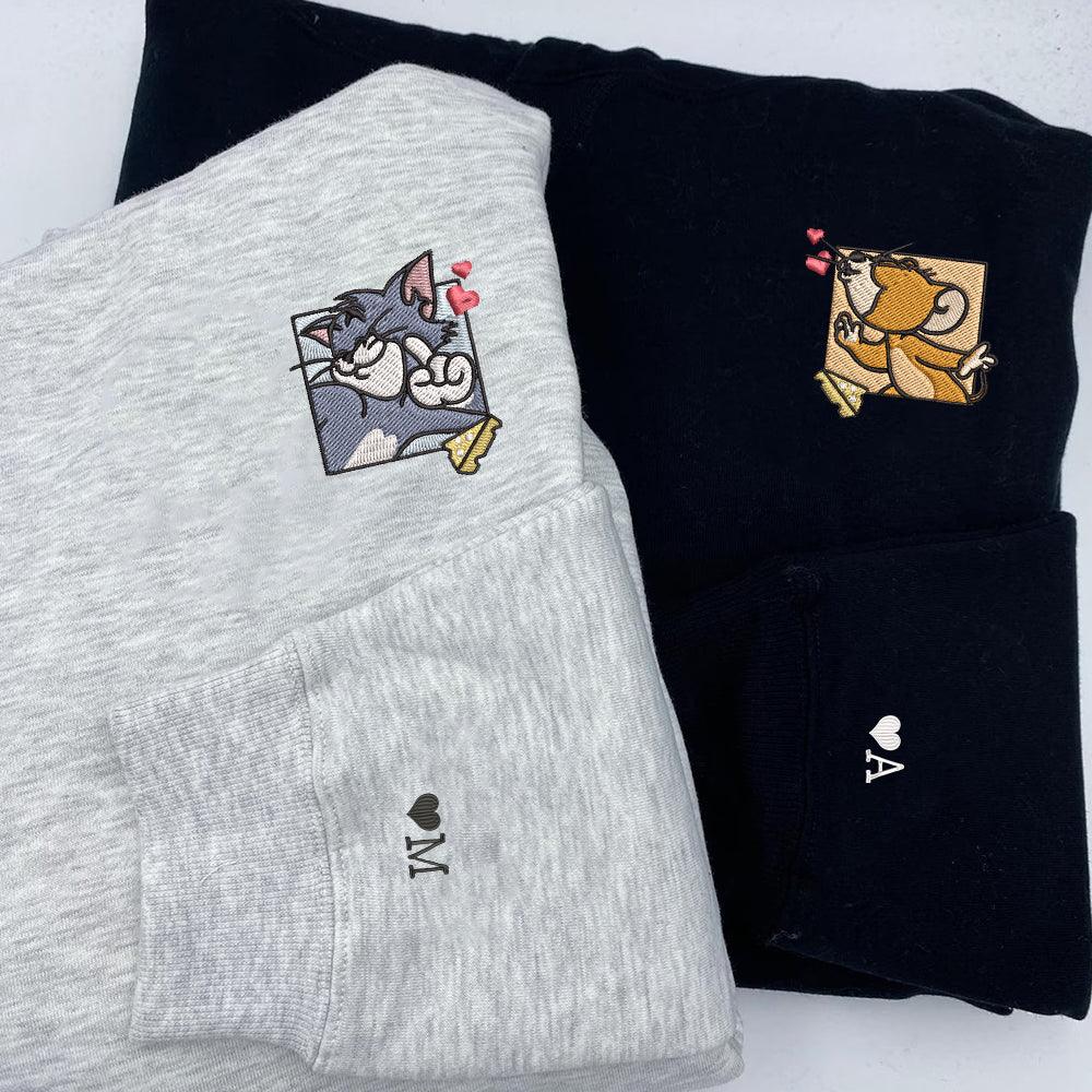 Custom Embroidered Sweatshirts For Couples, Custom Matching Couple Sweatshirt, Cute Mouse Couples Embroidered Crewneck Sweater V2