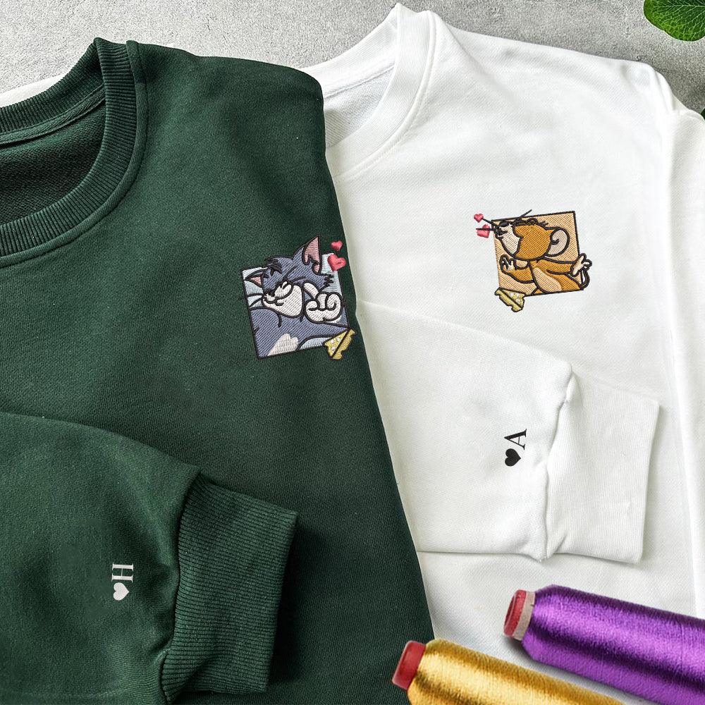 Custom Embroidered Sweatshirts For Couples, Custom Matching Couple Sweatshirt, Cute Mouse Couples Embroidered Crewneck Sweater V2