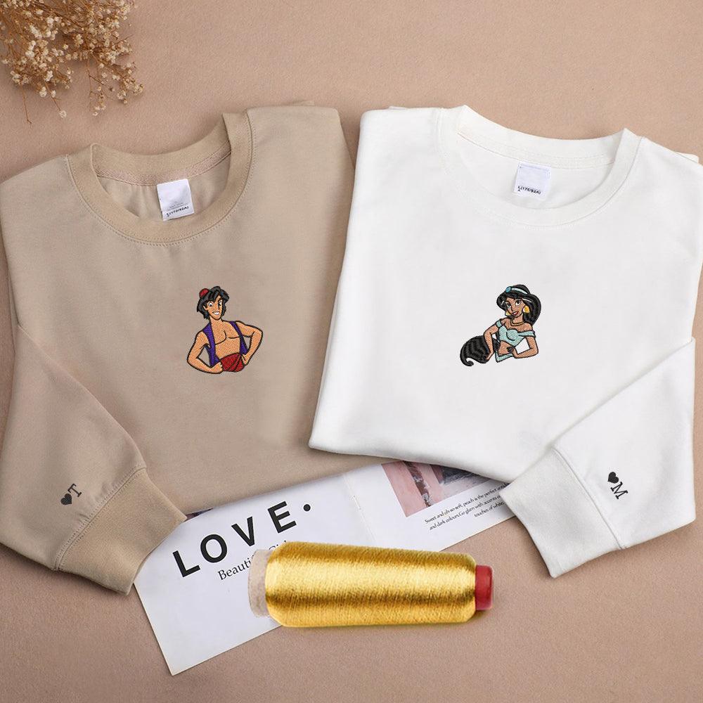 Custom Embroidered Sweatshirts For Couples, Custom Matching Couple Sweatshirt, Cute Princess Couples Embroidered Crewneck Sweater V2