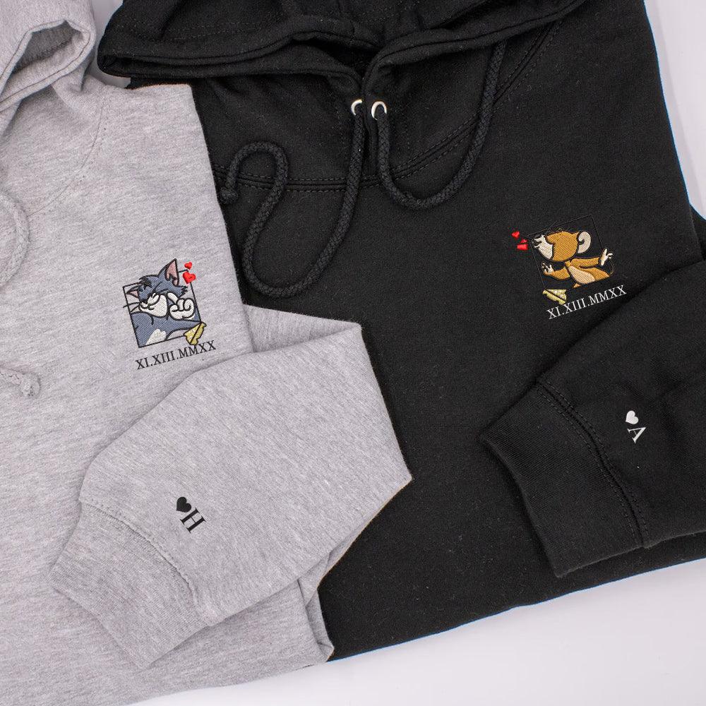 Custom Embroidered Roman Numeral Hoodies For Couples, Roman Numeral Date Hoodie, Mouse Heart Kiss Couples Embroidered Hoodie
