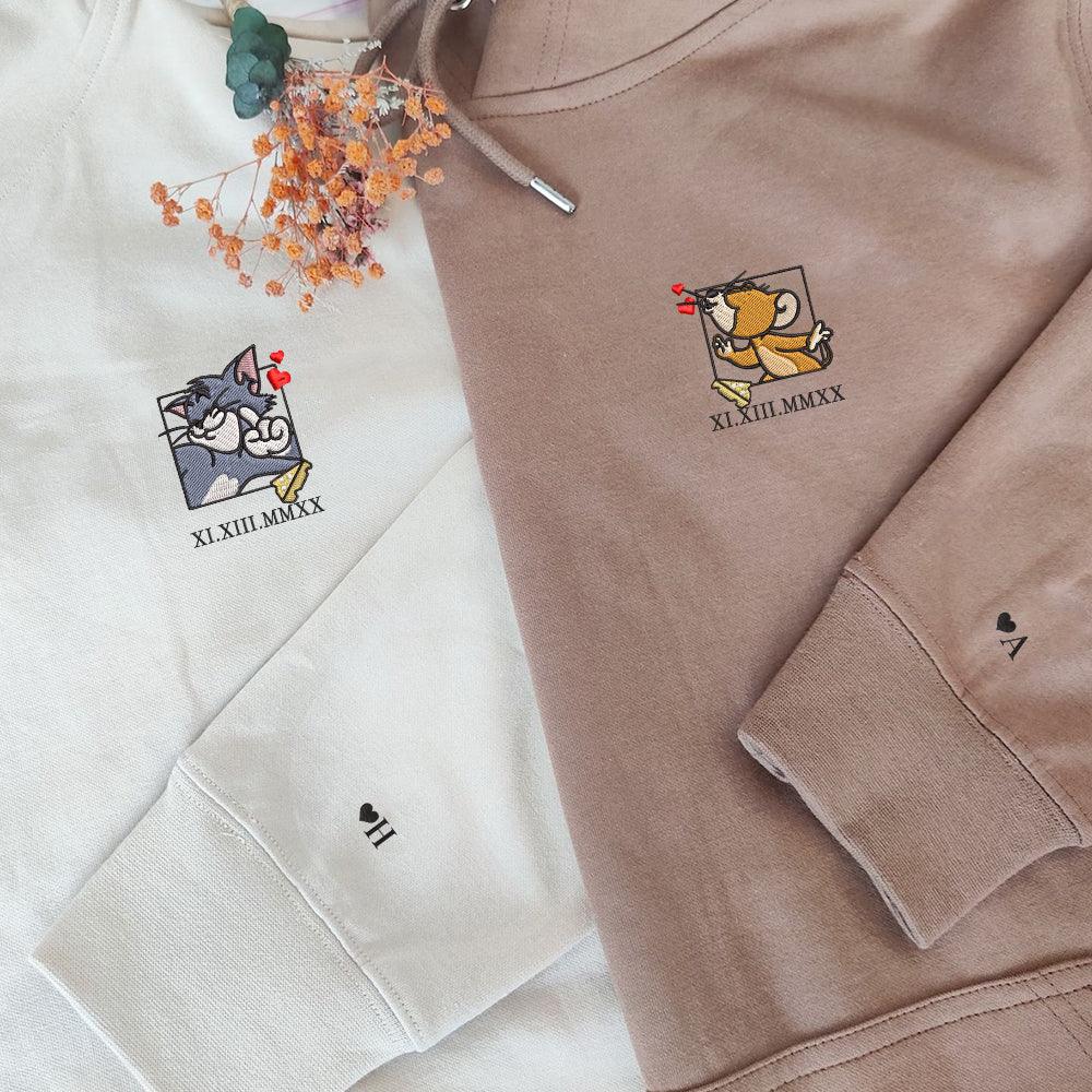 Custom Embroidered Roman Numeral Hoodies For Couples, Roman Numeral Date Hoodie, Mouse Heart Kiss Couples Embroidered Hoodie
