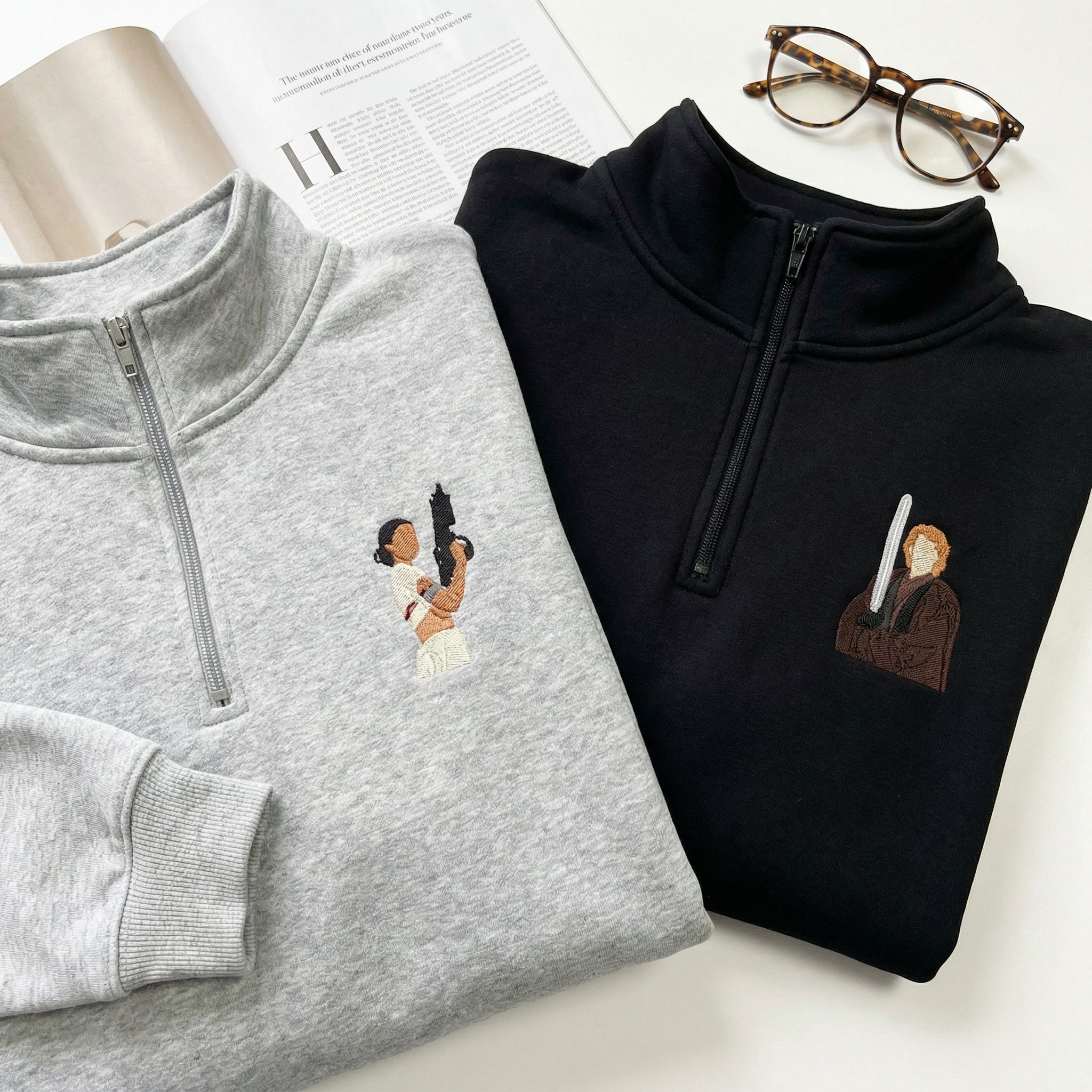 Couples Embroidered Quarter Zip Sweatshirts - Romantic Galaxy-Inspired Matching Full-Zip Hoodie