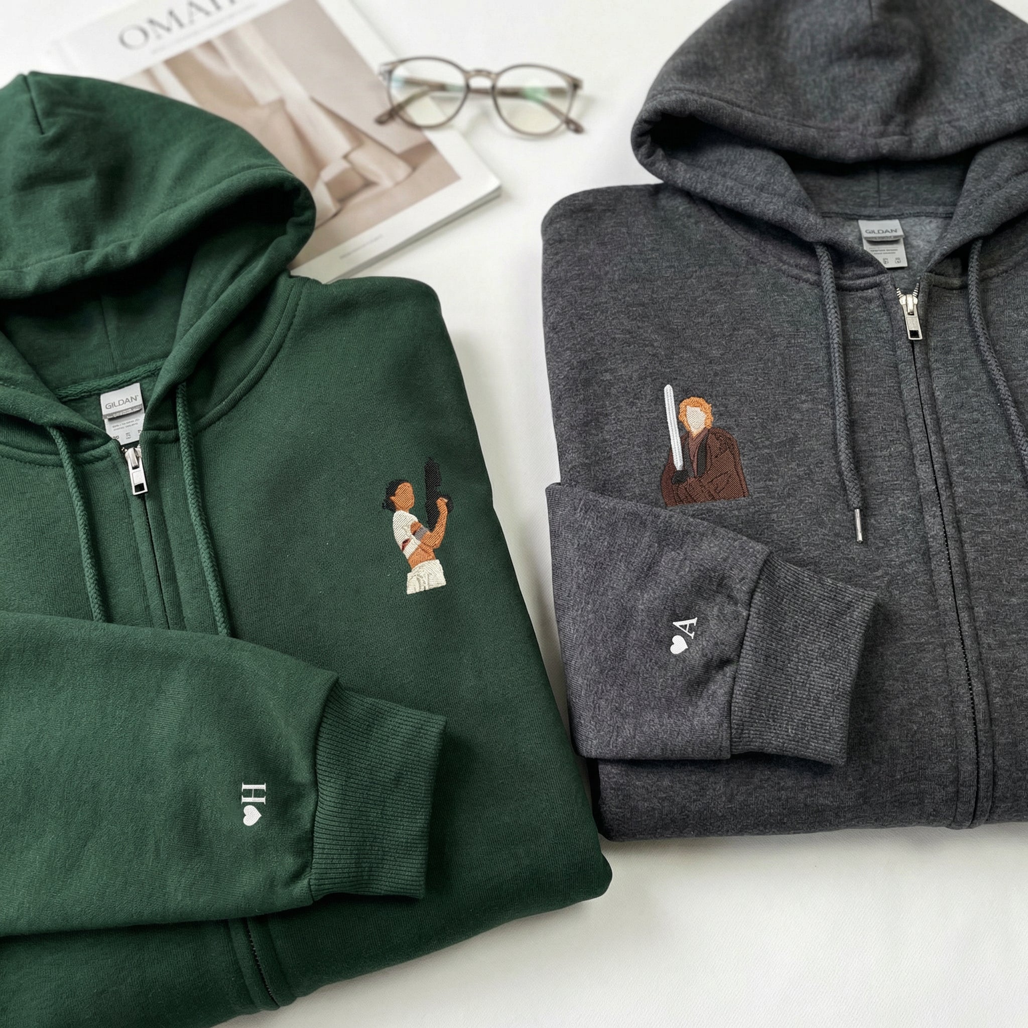 Couples Embroidered Quarter Zip Sweatshirts - Romantic Galaxy-Inspired Matching Full-Zip Hoodie