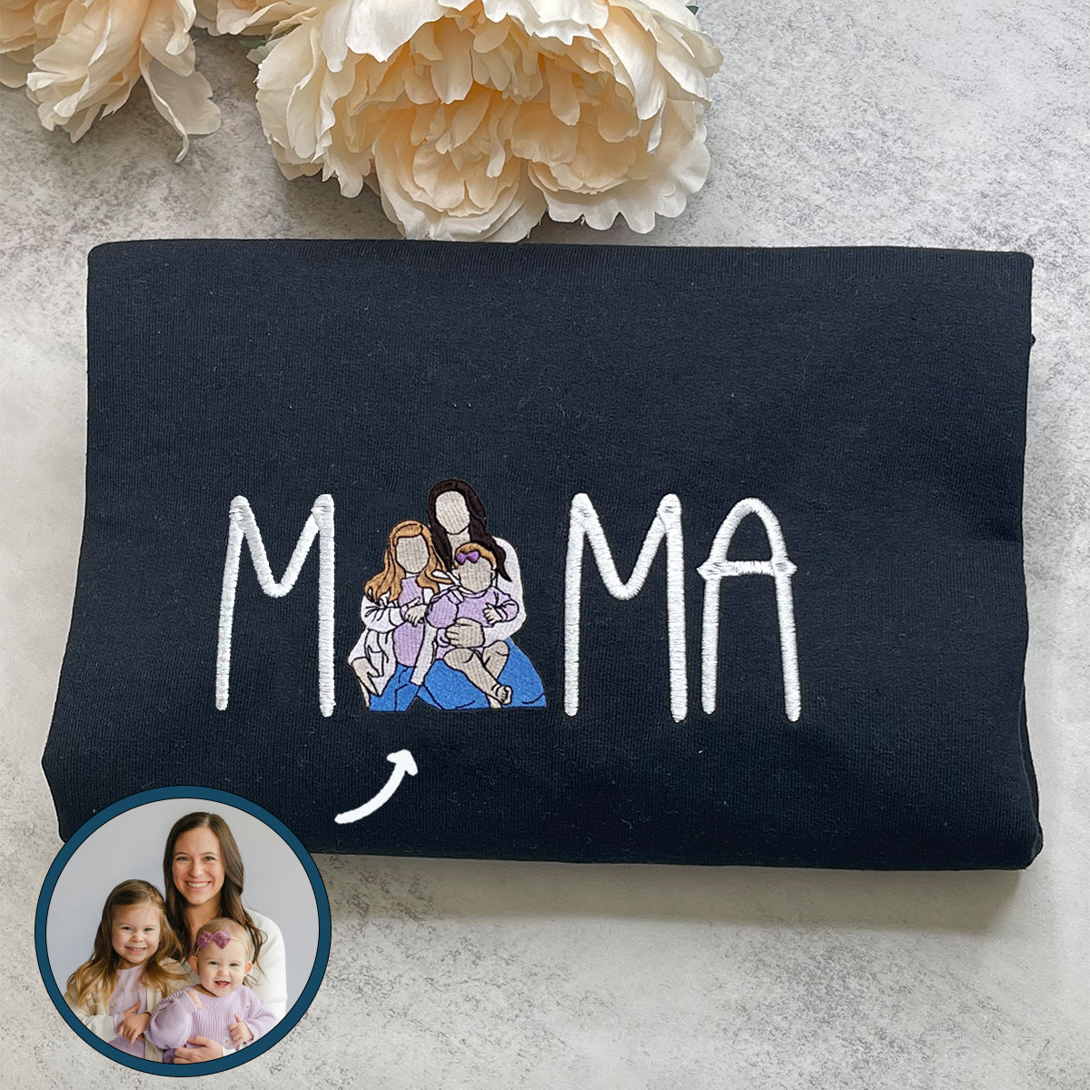 Custom Embroidered Full-Color Mama Portrait Sweatshirt Hoodie with Initial on Sleeve
