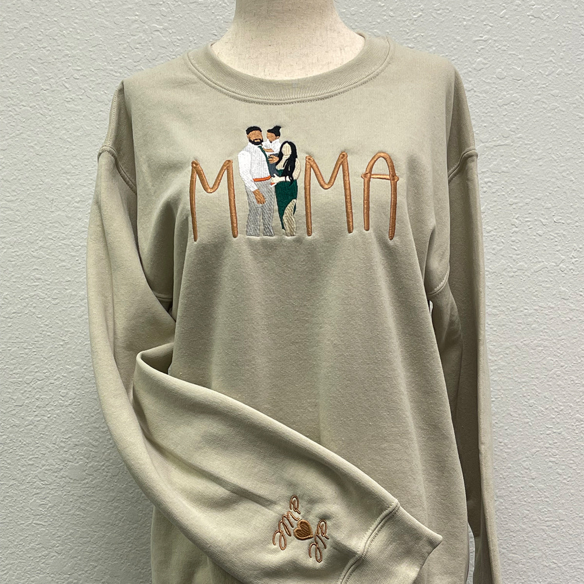 Custom Embroidered Full-Color Mama Portrait Sweatshirt Hoodie with Initial on Sleeve