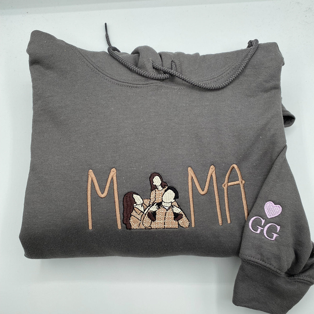 Custom Embroidered Full-Color Mama Portrait Sweatshirt Hoodie with Initial on Sleeve