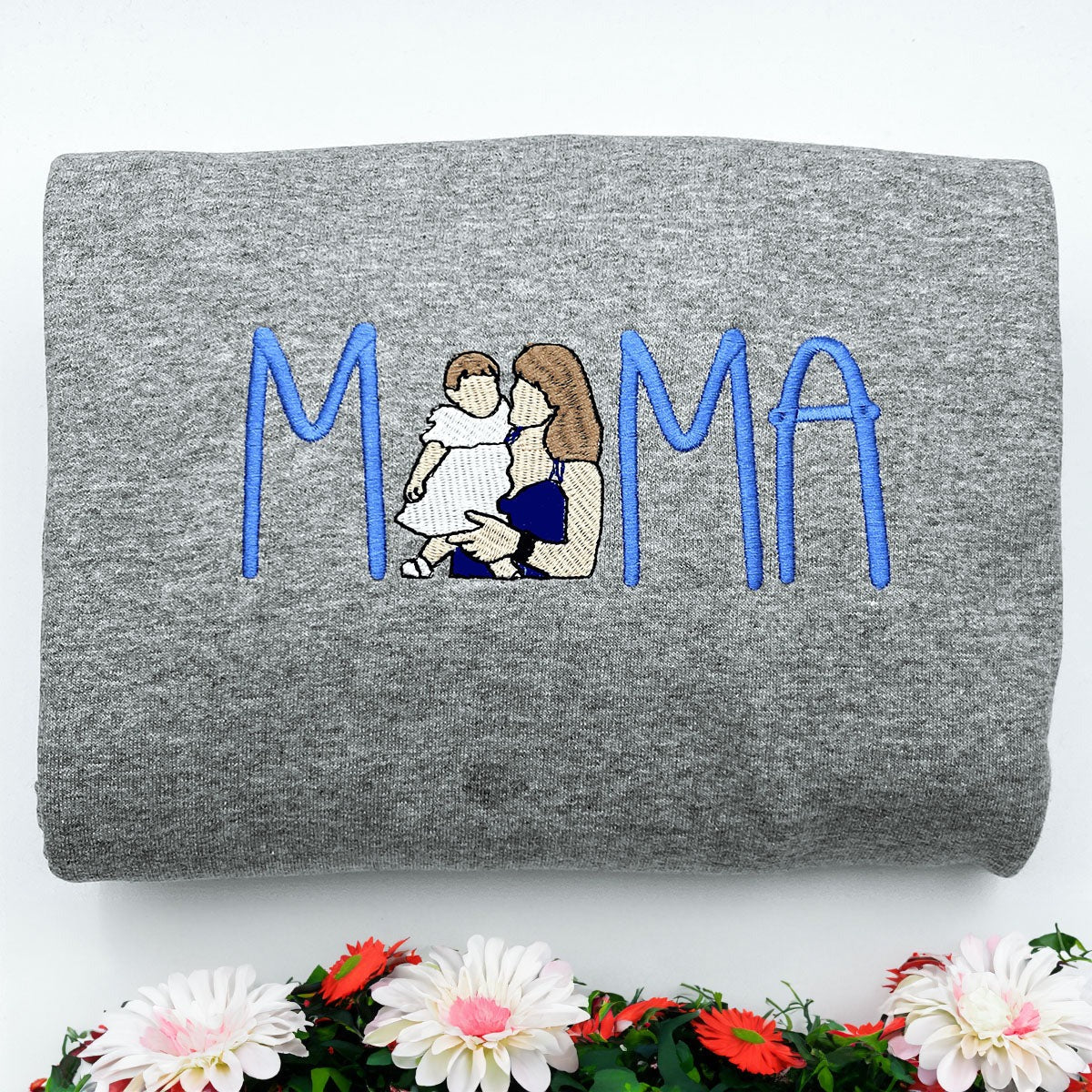 Custom Embroidered Full-Color Mama Portrait Sweatshirt Hoodie with Initial on Sleeve