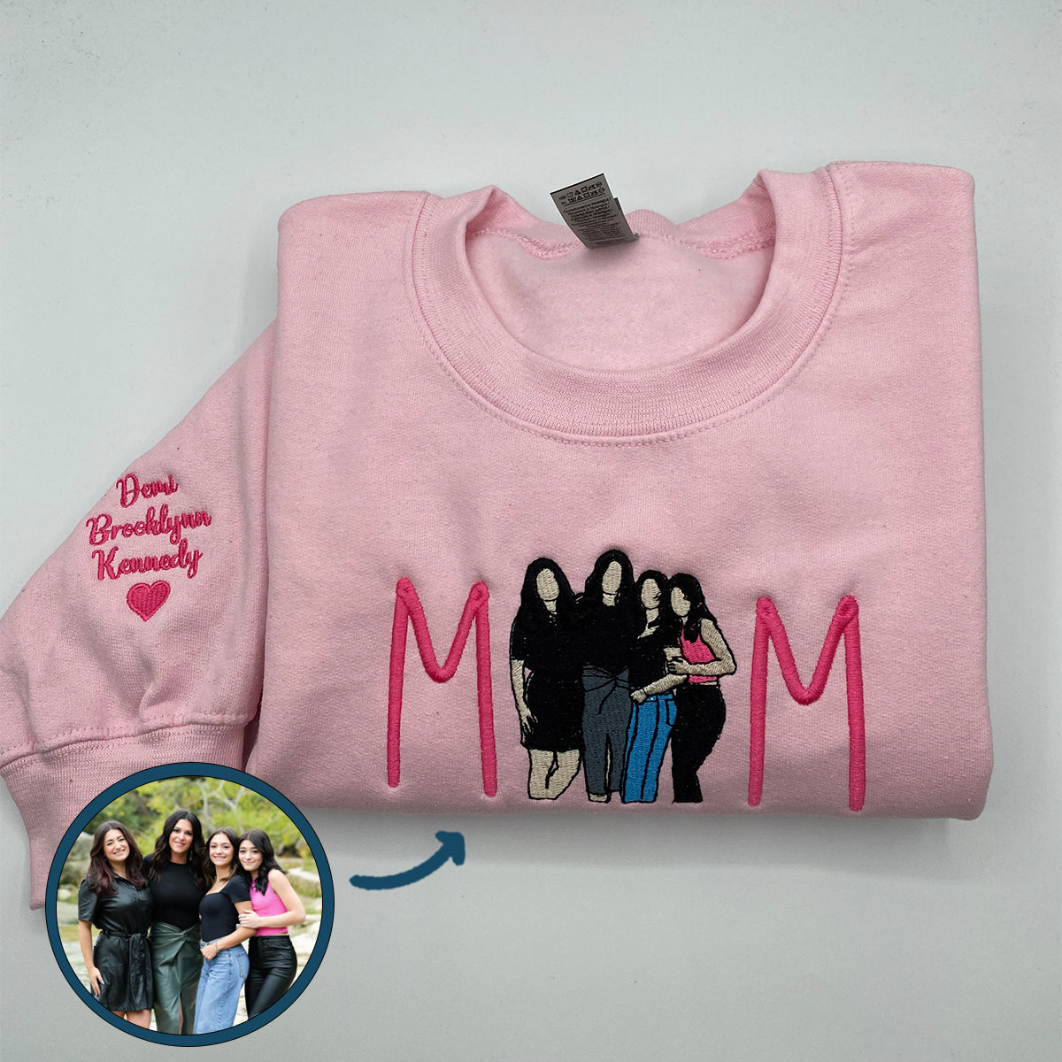Custom Embroidered Full-Color Mama Portrait Sweatshirt Hoodie with Initial on Sleeve
