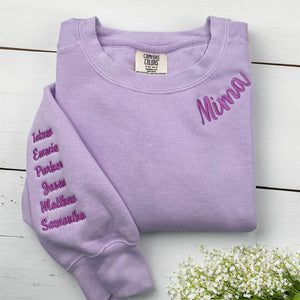 Custom Embroidered Neckline Sweatshirts - Personalized Mama with Kid Names on Sleeve