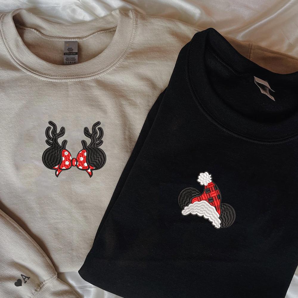 Custom Embroidered Sweatshirts For Couples, Custom Embroidered Cartoon Mouse Christmas Couples Embroidered Sweatshirt Sweater