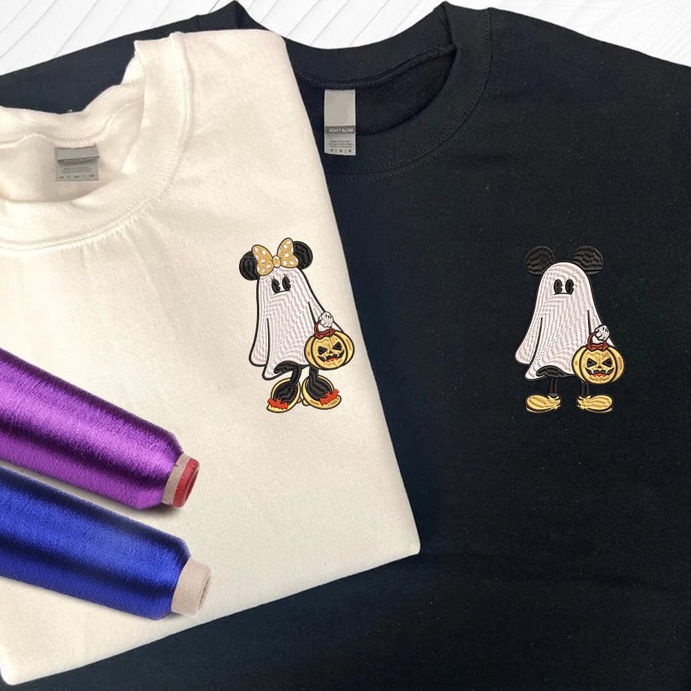 Custom Embroidered Halloween Sweatshirts For Couples, Custom Matching Couple Sweatshirt, Cartoon Ghost Mouse Couples Embroidered Sweater V4
