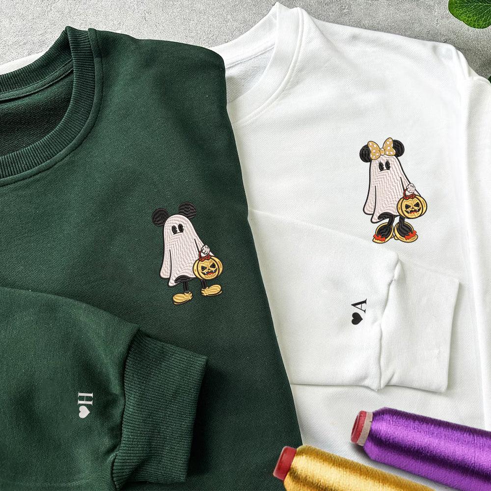 Custom Embroidered Halloween Sweatshirts For Couples, Custom Matching Couple Sweatshirt, Cartoon Ghost Mouse Couples Embroidered Sweater V4