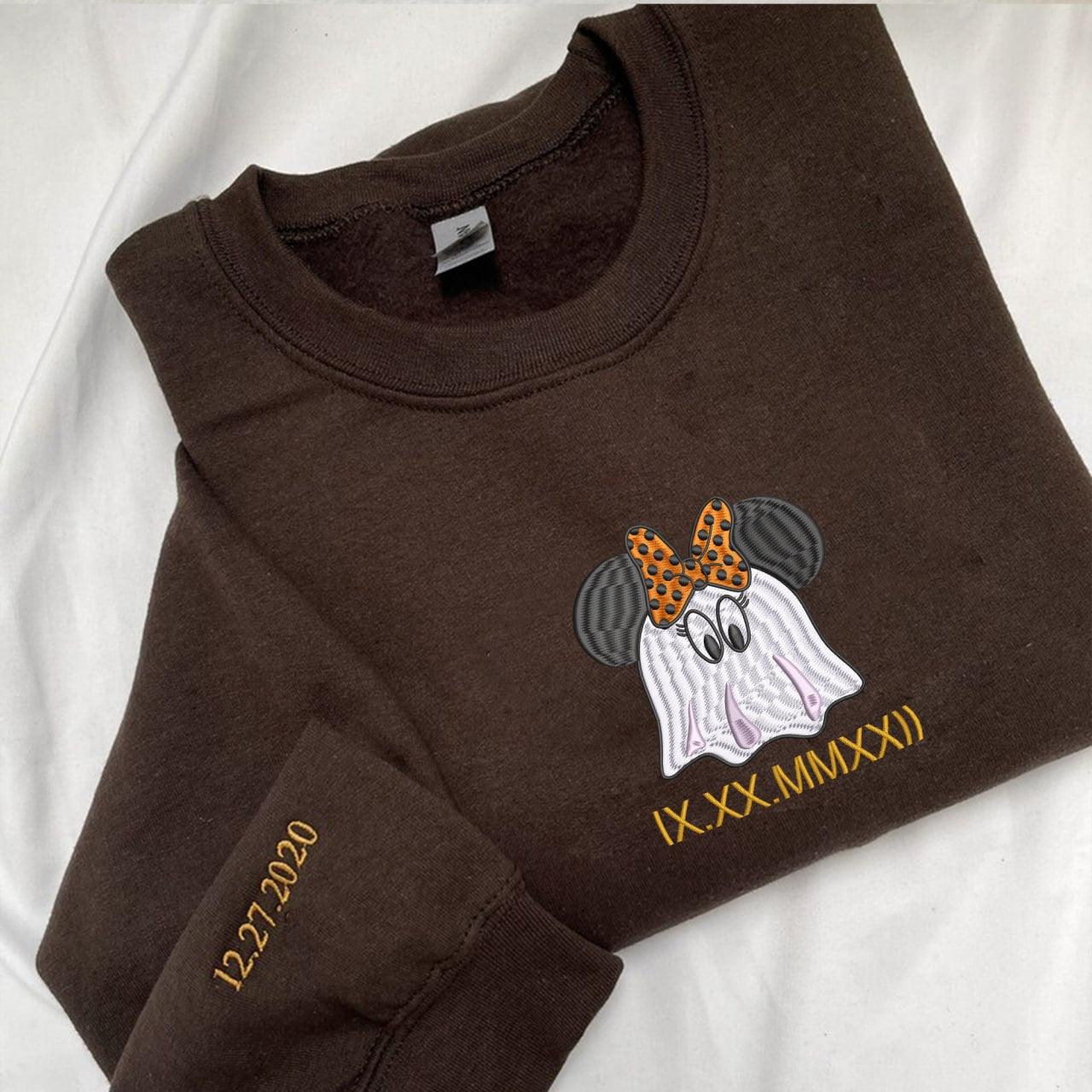 Custom Embroidered Halloweeen Sweatshirts For Couples, Custom Matching Couple Hoodies, Spooky Mouse Ghost Couples Roman Numeral Date Sweatshirt