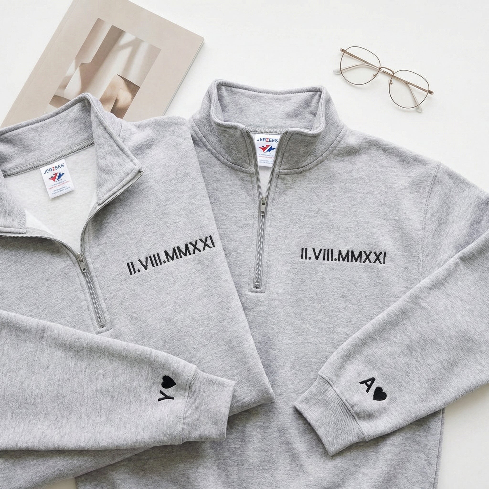 Custom Anniversary Date Roman Numeral Matching Couple Quarter Zip Sweatshirt & Full-Zip Hoodie