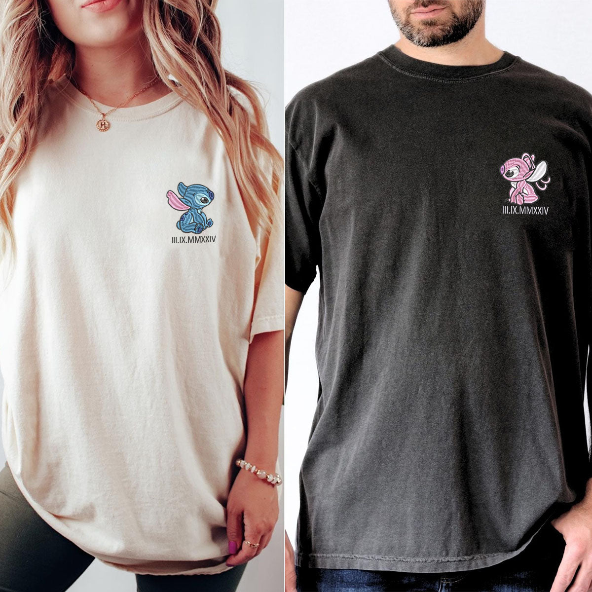 Custom Cartoon Alien Love Embroidered Matching T-shirts with Special Date
