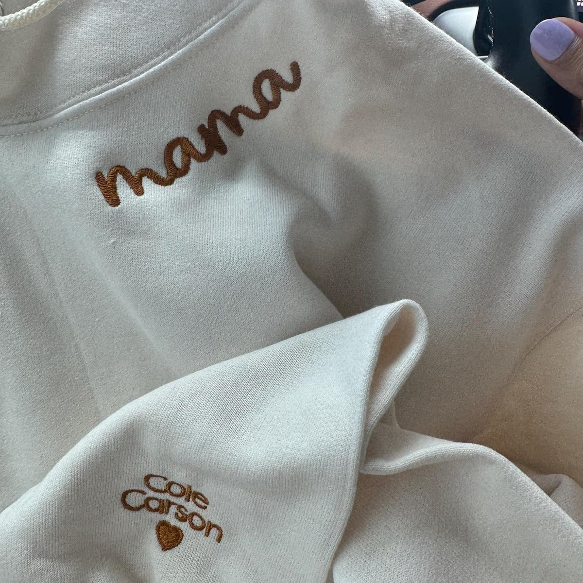 Custom Collar and Sleeve Embroidered Hoodie, Embroidered Mama Sweatshirt with Kids Names Personalized Gift for Mom