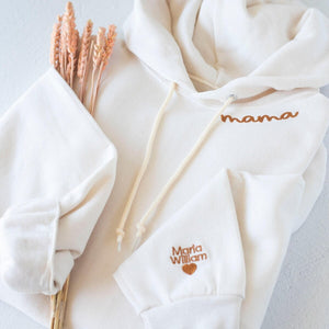 Custom Collar and Sleeve Embroidered Hoodie, Embroidered Mama Sweatshirt with Kids Names Personalized Gift for Mom