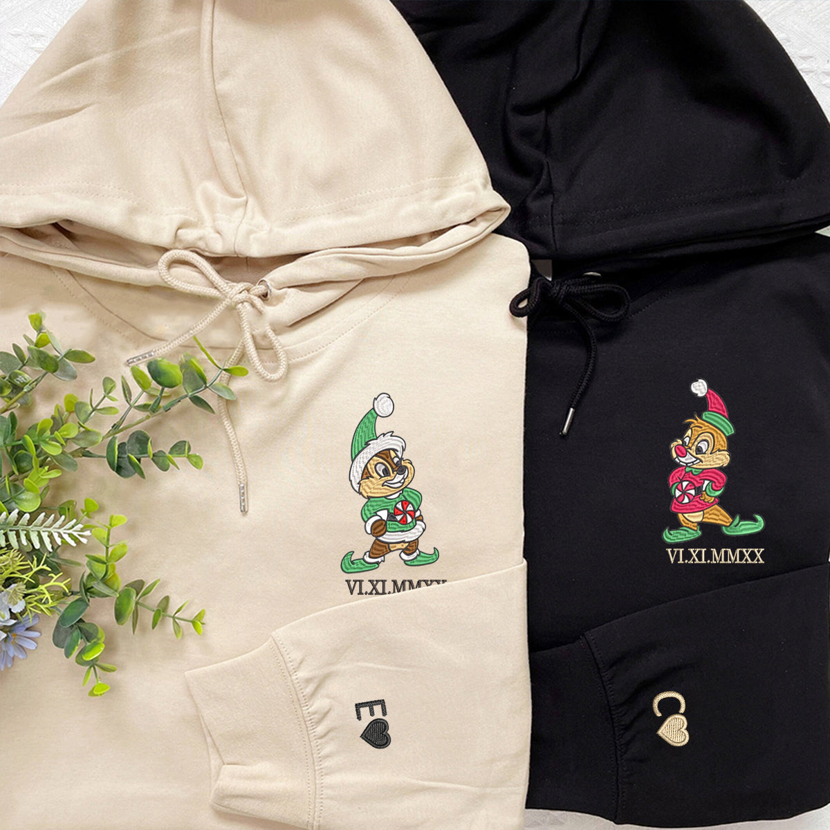 Custom Couple Embroidered Hoodie, Christmas Cartoon Chipmunk Lovers Hoodie with Date