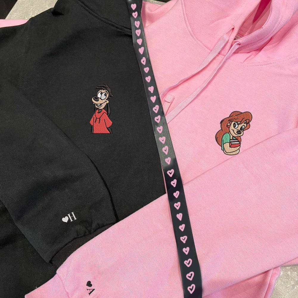 Custom Couple Embroidered Hoodie, Cute Cartoon Canine Love Hoodie, Unique Matching Outfit