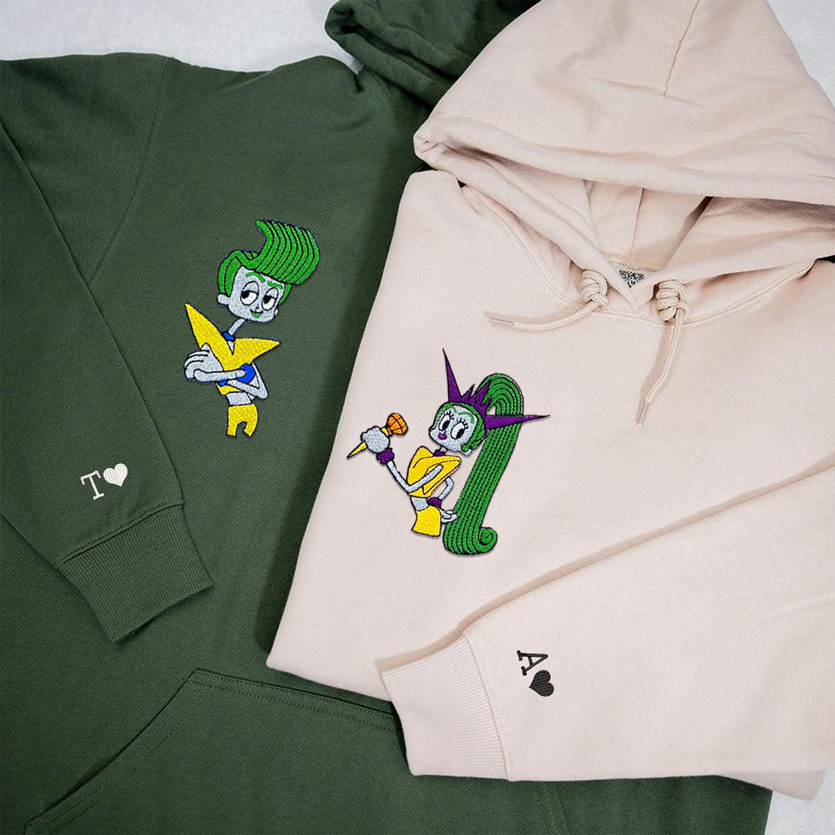 Custom Couples Hoodie, Cute Funky Cartoon Character Embroidery