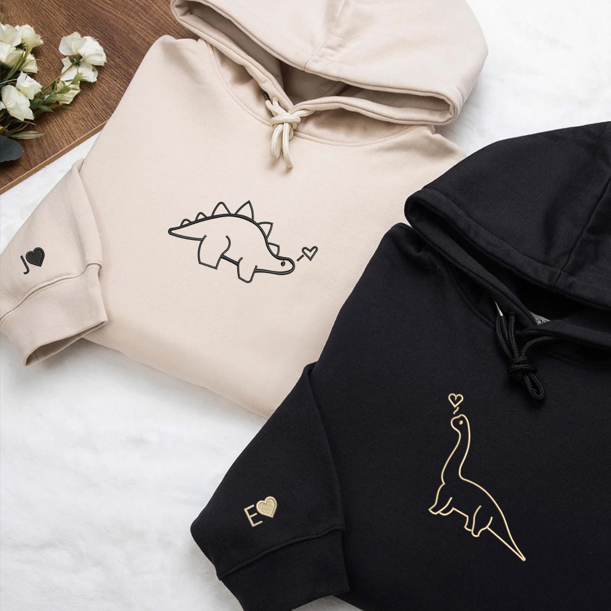 Custom Dinosaurs Embroidered Matching Set Couple Sweatshirt Hoodies - mymatchhoodie