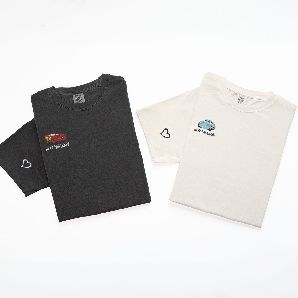 Custom Embroidered Anniversary Date Cartoon Car Couple Matching T-shirts